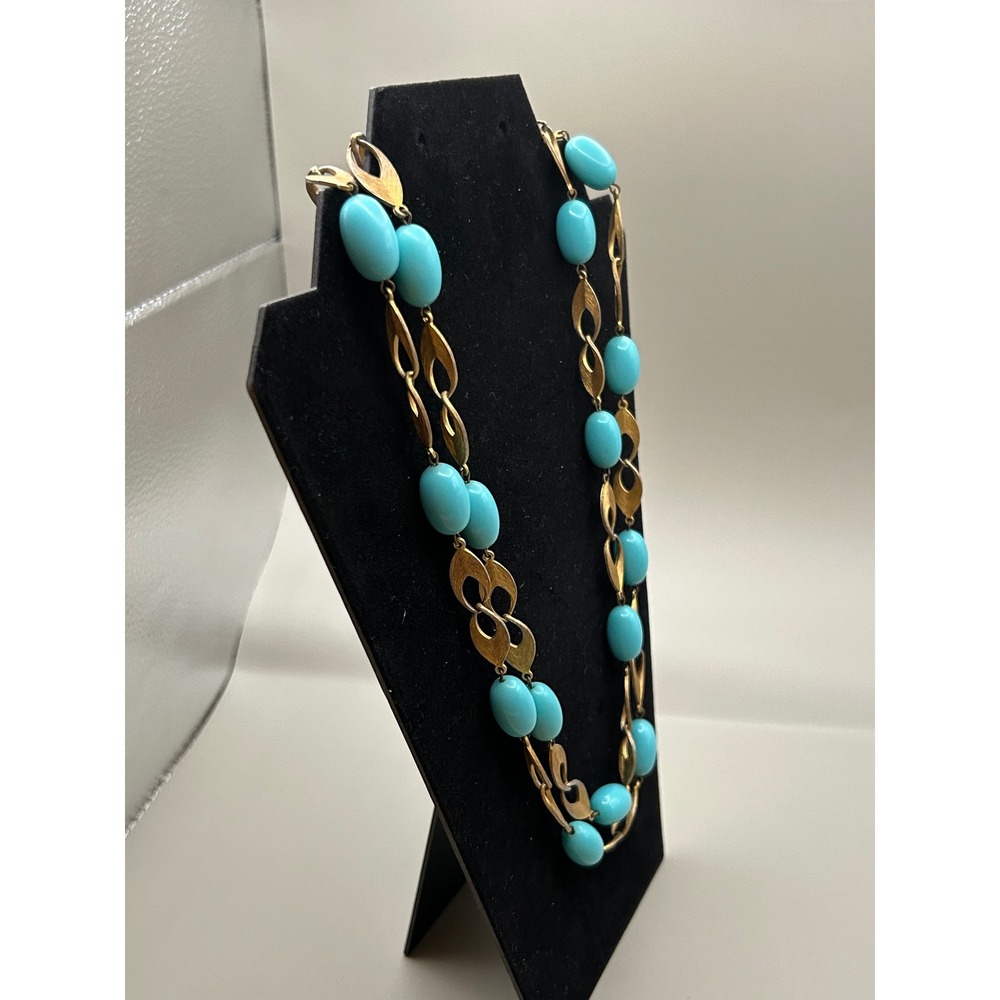 VTG Double Strand Turquoise Blue Bead Gold Leaf Link Necklace 1960 Bakelite - Picture 3 of 6